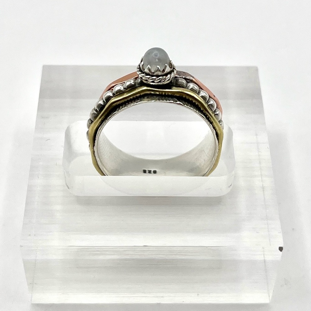 Natural Round Moonstone Three Tone Spinner Ring 925 Sterling Silver - Picture 2 of 2
